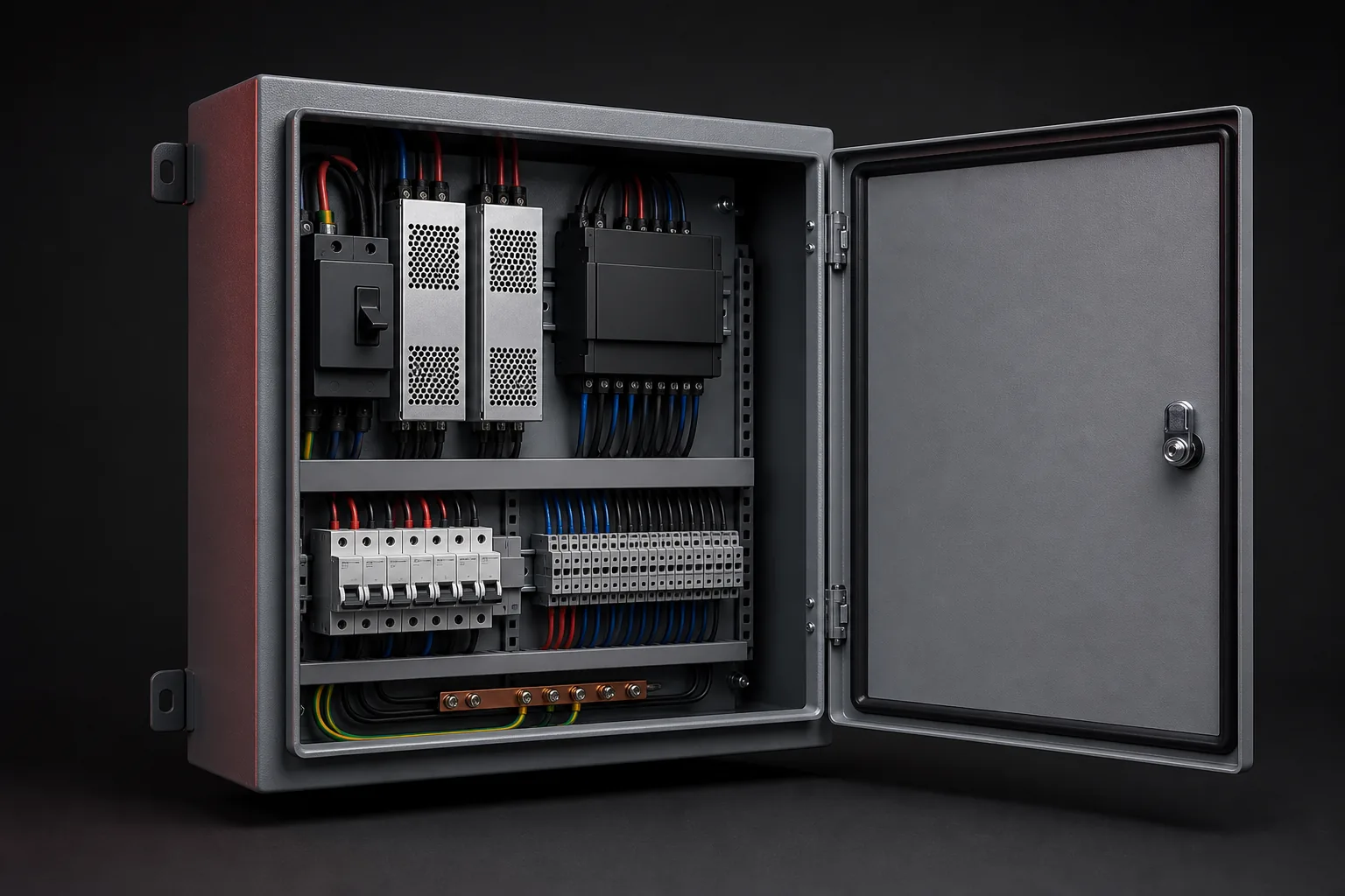 Completed industrial control panel with organized electrical components