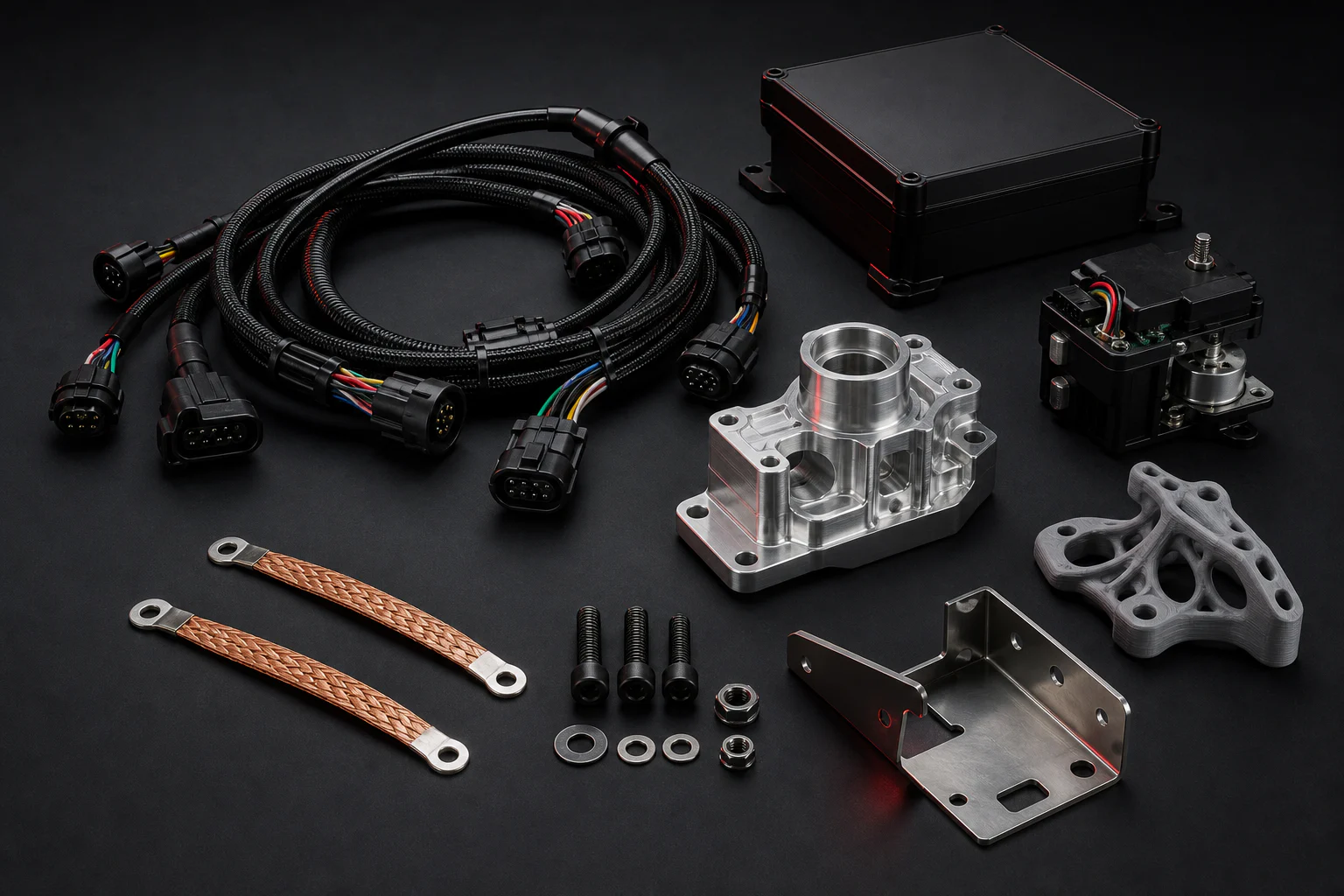 Custom wire harnesses, grounding straps, machined and molded components, hardware, a 3D-printed prototype, and an electromechanical assembly
